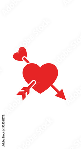 Red heart pierced by a Cupid's arrow, romantic love symbol on isolated white background.