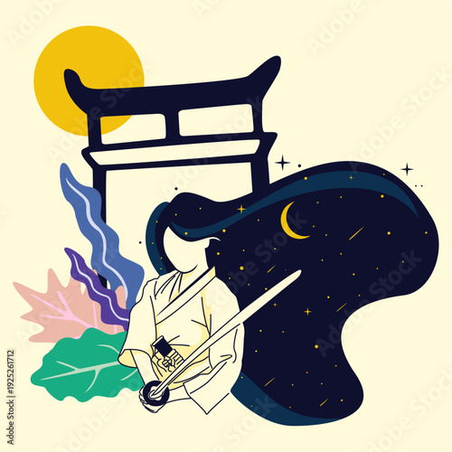 Samurai warrior with sword near traditional gate under moonlit gate