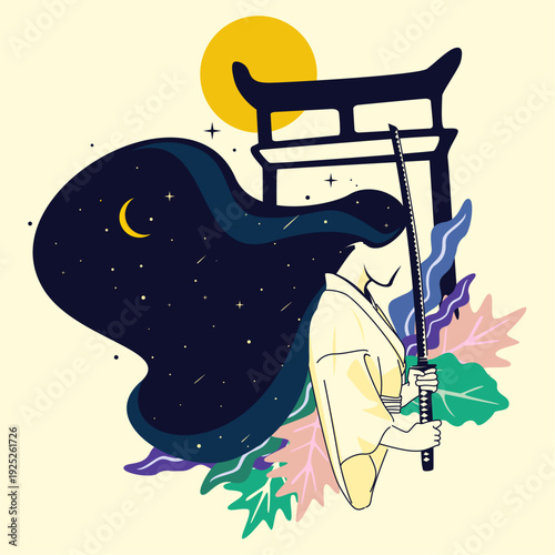 Woman with sword in front of torii gate