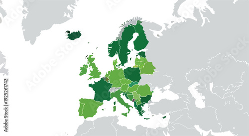 Detailed Vector Map of Europe Highlighting Member States in Green Tones, Ideal for Political, Economic, and Geographic Presentations