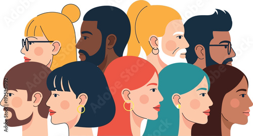 A diverse group of people with different skin tones and hairstyles standing together in unity and harmony
