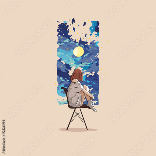 Woman sits on chair looking at starry night sky