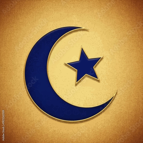 Islamic symbol crescent moon and star on textured background.