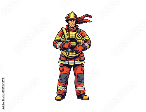 Brave Firefighter Holding Hose Vector Character
