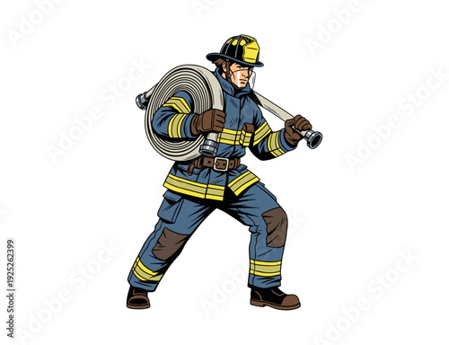  Professional Firefighter Standing with Hose Vector Character