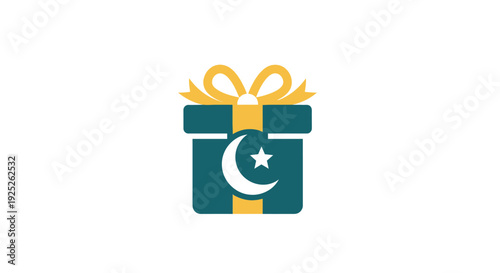 Gift Box with Islamic Crescent Moon and Star Symbol, Eid or Ramadan Celebration, Isolated White Background