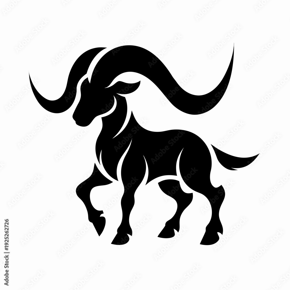 Obraz premium Black silhouette of a goat with large horns in minimal style
