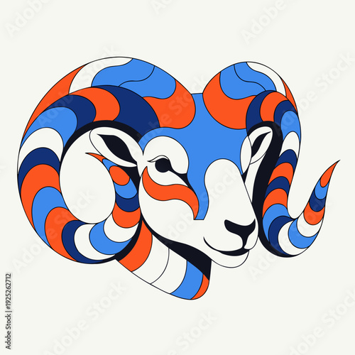 Colorful ram illustration with spiral horns on white background  
