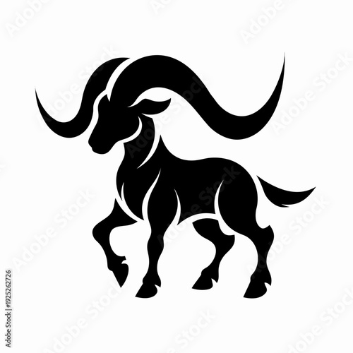 Black silhouette of a goat with large horns in minimal style  