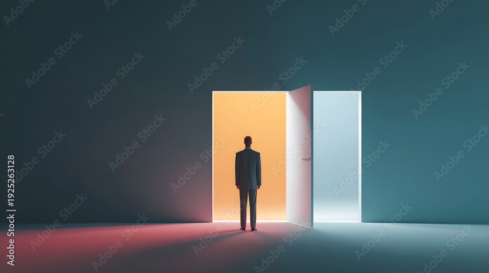 Obraz premium Conceptual image of a solitary figure in a suit contemplating two illuminated doors representing decision making contrasting paths and the unknown future ahead