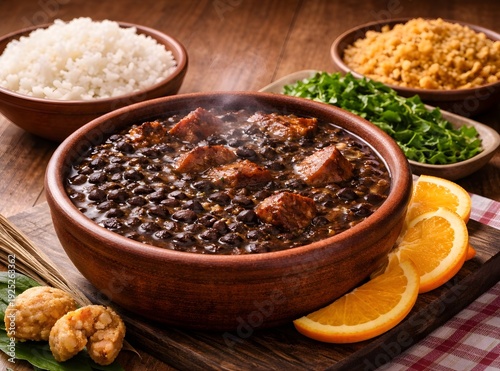 Brazilian Feijoada Traditional Food, Authentic Black Bean Stew with Typical Side Dishes, Professional Food Photography and Creative Concepts