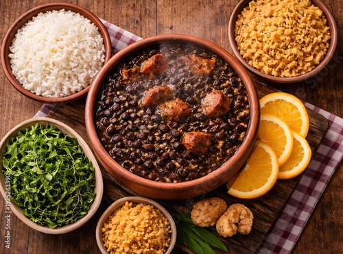 Brazilian Feijoada Traditional Food, Authentic Black Bean Stew with Typical Side Dishes, Professional Food Photography and Creative Concepts