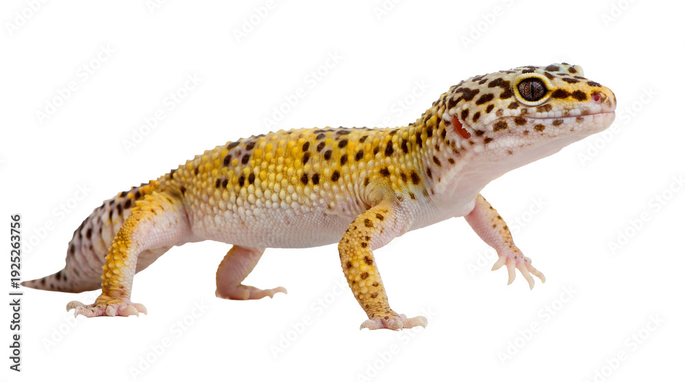 Fototapeta premium high-resolution png image of a leopard gecko reptile isolated on a transparent transparent background, showcasing its vibrant yellow and black spots and intricate scale details in a profile view.
