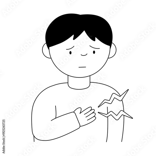 モノクロの線画イラスト | 胸の痛みを訴える男性のポーズと表情 | 医療・健康に関するアイコン素材