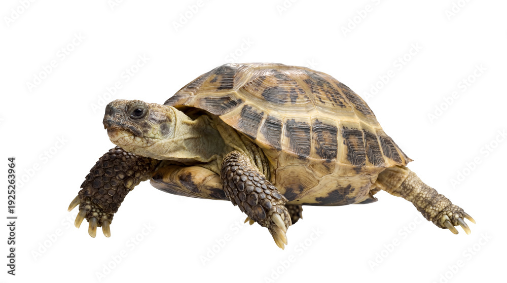 Fototapeta premium high-quality png image of a russian tortoise against a transparent background, showcasing its detailed shell and scaly limbs for easy integration into diverse designs and projects.