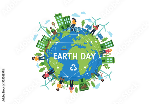 Earth Surrounded by Green City and Renewable Energy Elements