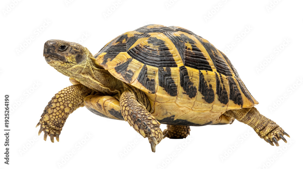 Obraz premium Detailed PNG of Mediterranean Tortoise with Yellow and Black Patterned Shell, Sturdy Limbs and Keen Eyes, Isolated on Transparent Background