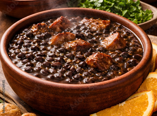 Brazilian Feijoada Traditional Food, Authentic Black Bean Stew with Typical Side Dishes, Professional Food Photography and Creative Concepts