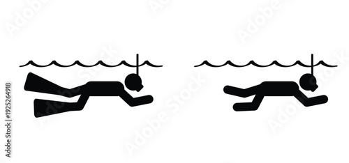 Stick figure man, silhouettes of scuba diving and scuba flippers. Snorkeling, scuba diver in the sea or waterpark and scuba gear. Water sport concept. Summer, beach idea. Travel sports. Diving tools.