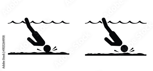 Low level water. Safety signs. Shallow water, hallow Water Dive. No swimming, jumping or diving into water. Swimming pool rules. No diving area pool. Diving in the sea, river or waterpark.