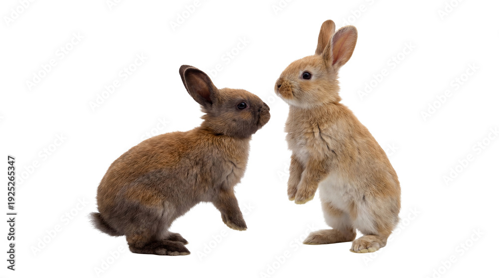 Obraz premium adorable young brown and tan rabbits stand on a transparent background, looking at each other with curiosity and innocence, capturing a moment of playful interaction between two cute bunnies.