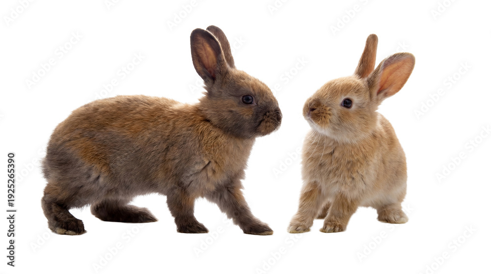 Obraz premium close-up png image of two small brown rabbits on a transparent background, the rabbit on the left facing left and the rabbit on the right facing right, engaged in a moment of gentle communication.