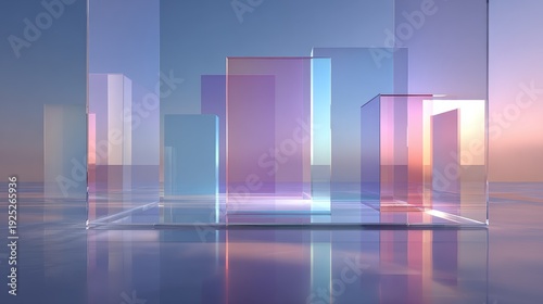 Abstract geometric glass structures with pastel gradient reflections