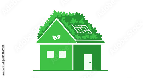 Eco-Friendly Green House with Solar Panels and Leaf Roof - Sustainable Living Concept