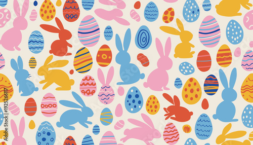 Vibrant Easter bunny silhouettes jumping among decorated eggs in a lively repeating pattern.