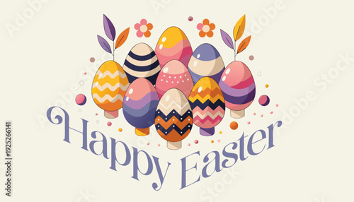 A group of brightly decorated Easter eggs displayed together with playful spring flowers above.