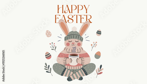 Cozy Easter Bunny with Warm Drink Illustration