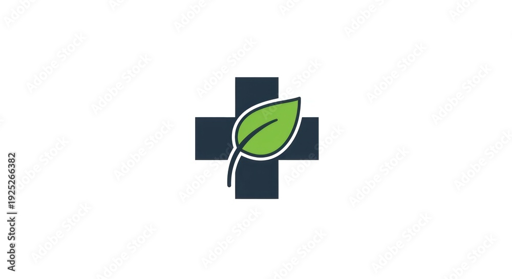 Obraz premium Illustrative icon blending a dark grey medical cross with a vibrant green leaf, symbolizing natural health, holistic wellness, and organic medicine for healthcare and well-being concepts and branding