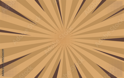 A warm brown comic book background displays strong radial lines and a central halftone dot pattern, presenting a rustic pop art vibe.