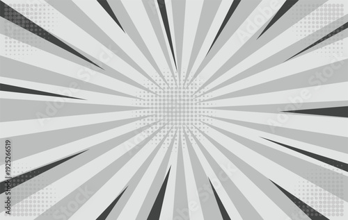 A versatile grey comic book background displays dynamic radial lines and a central halftone dot pattern, providing a classic pop art foundation.