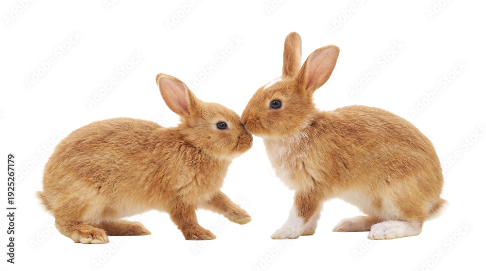 Fototapeta premium two endearing fluffy ginger rabbits share a tender moment, touching noses on a transparent background, perfect for illustrating themes of love, innocence, and the joy of spring and easter.