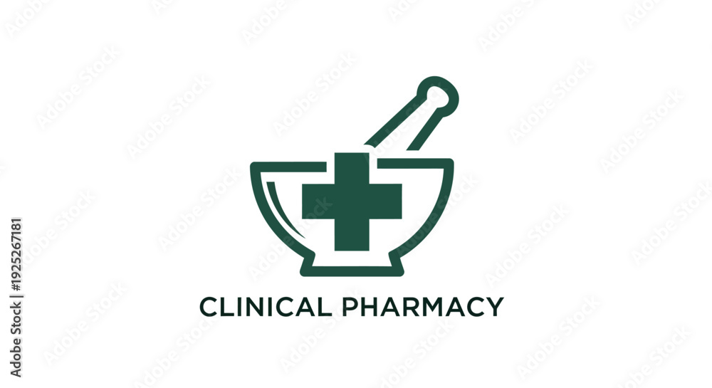 Fototapeta premium Clinical pharmacy logo with mortar and pestle symbol.