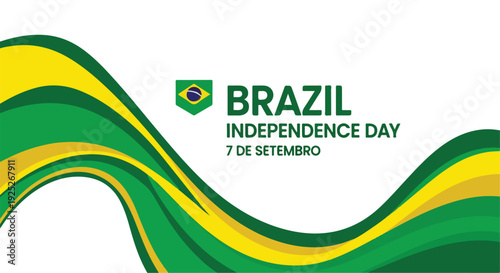 Brazil Independence Day 7 de Setembro vector banner with flowing green and yellow abstract waves on white background, patriotic design for national celebration