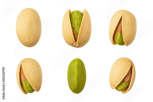 Wallpaper Mural Six pistachio nuts with beige shells and bright green kernels arranged on a transparent background, showing whole, opened, and partially shelled views in a close-up studio composition Torontodigital.ca
