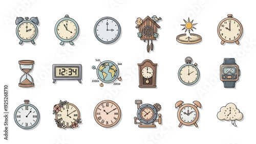 Collection of diverse time telling devices and clocks in cartoon style