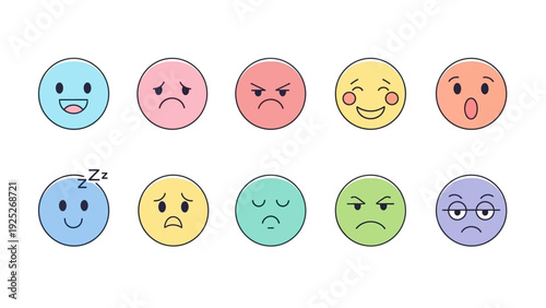A collection of colorful flat design emotion icons.