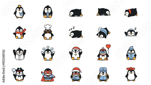 Cute Cartoon Penguins Vector Illustration Set