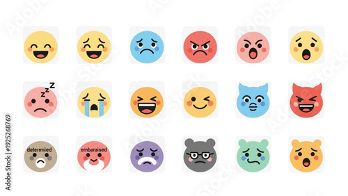 A grid of cartoon emojis displaying a wide range of human emotions and expressions.
