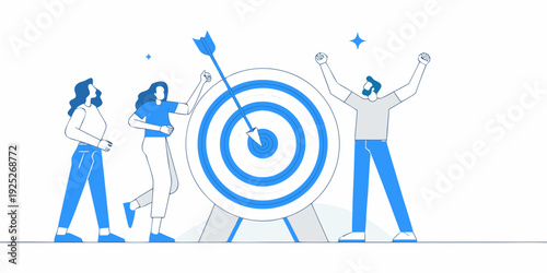 Team celebrates hitting a target with an arrow in a vibrant illustration