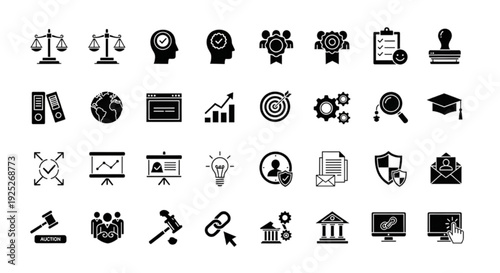 Business and Management Icon Set – Corporate Strategy and Office Solid Vector Icons Collection
