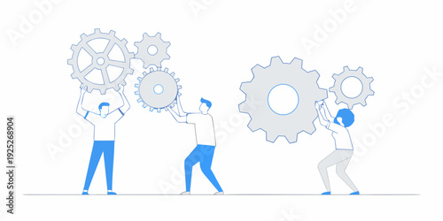 Teamwork powers progress people lifting and connecting large gears