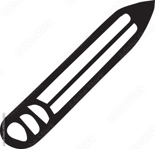 Black-and-white hand-drawn doodle of a pencil, showing a sharpened tip, hexagonal body, ferrule, and eraser. Perfect for educational projects, art, school supplies, creativity, and DIY designs. Bold, 
