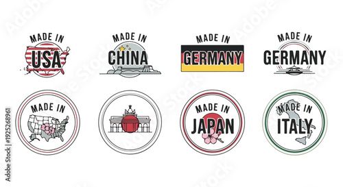 Set of 8 Made In Country Vector Labels and Badges Featuring USA, China, Germany, Japan, and Italy for Product Origin Branding