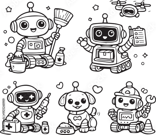 Set of five cute kids’ robots with different roles — doctor, chef, construction, astronaut, gardener. Black-and-white vector coloring page for kids 3–5. Bold outlines, simple shapes, transparent backg