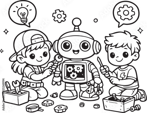 Cute boy and girl building a friendly robot — black-and-white vector coloring page for kids 3–5. Bold outlines, simple shapes, STEM theme, transparent background, perfect for print and education.