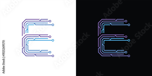 The letter 'E' logo is formed from digital circuit lines on a white or black background. It represents electronics, engineering, energy, efficiency, and the digital age.